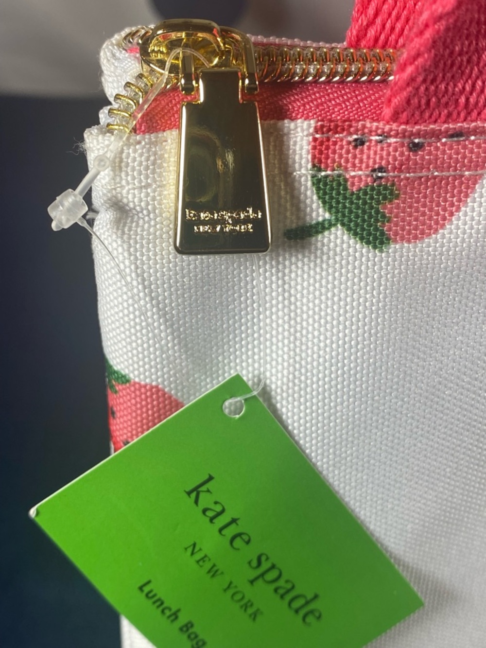 Kate Spade ♠️ White Canvas Strawberry Lunch Tote with Pink and Green accents - Picture 3 of 10